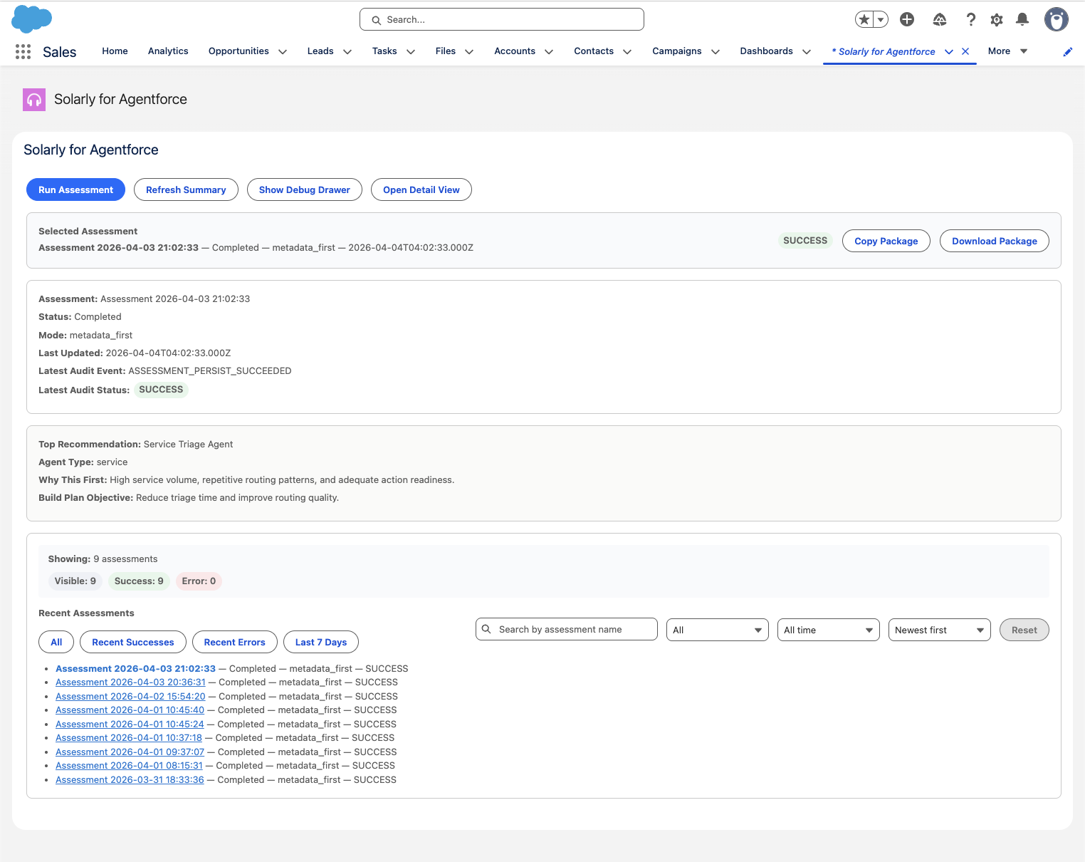 Solarly for Agentforce overview screen showing assessment summary and navigation inside Salesforce