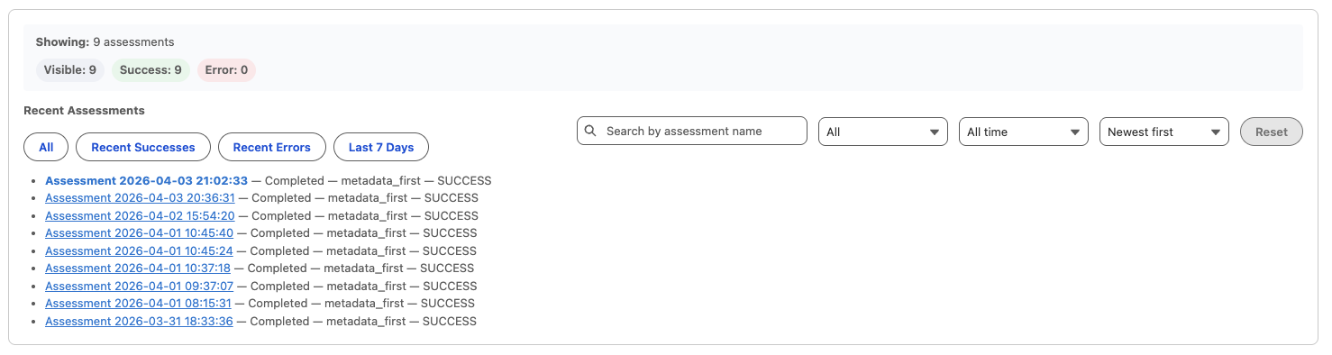 Solarly for Agentforce screen showing recent assessments with filtering and action controls in Salesforce