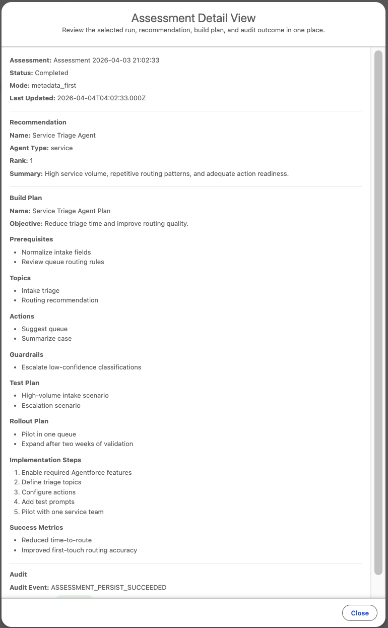 Solarly for Agentforce detail modal showing assessment information and recommendations in Salesforce