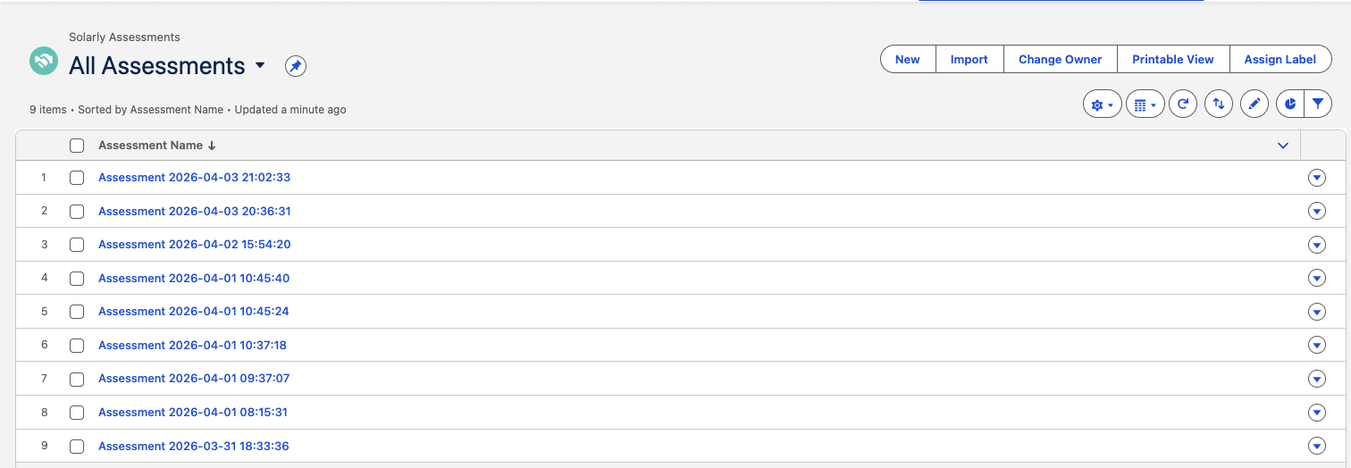 Solarly for Agentforce persisted records view showing saved assessment outputs and related Salesforce artifacts